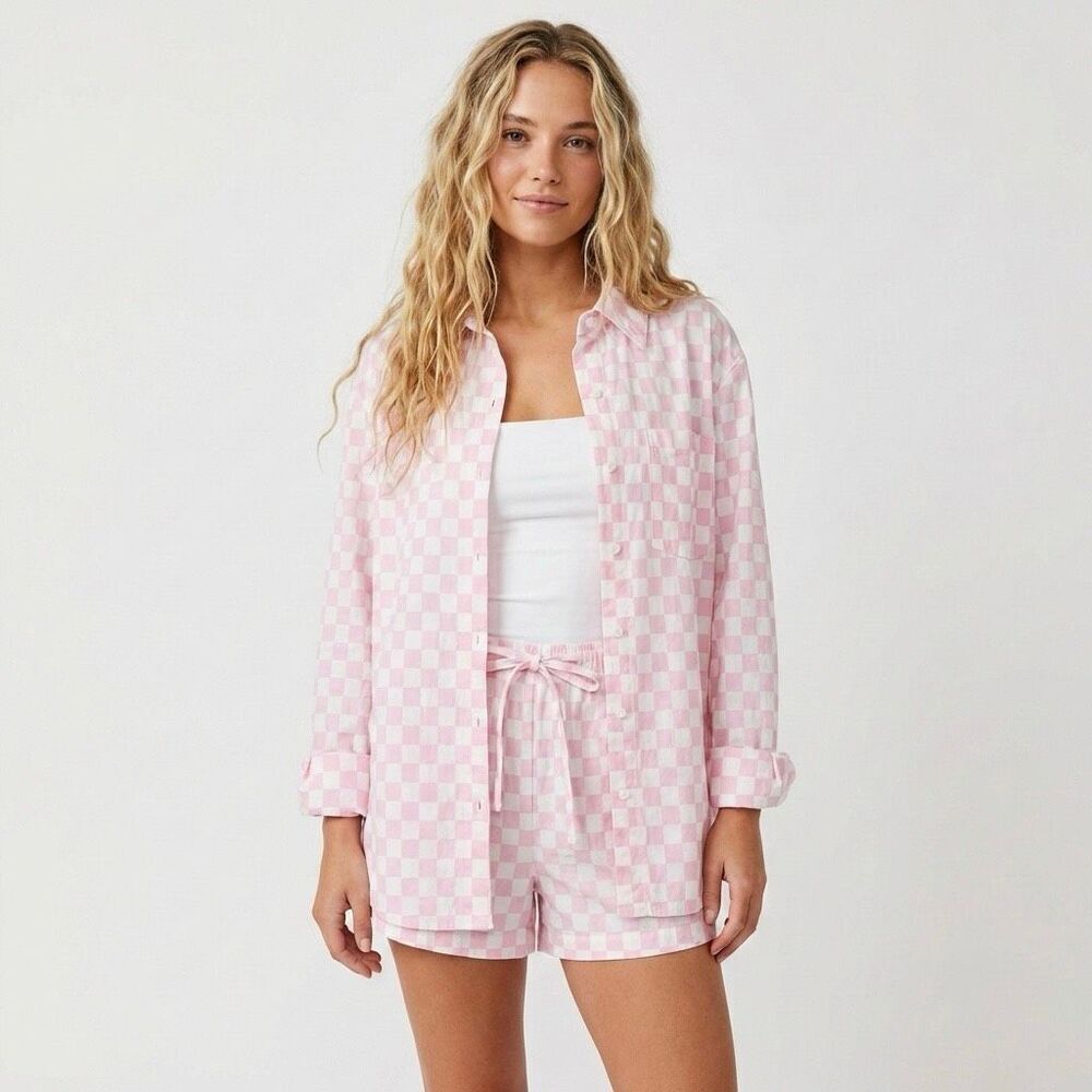 WAYF '98 NWT Pink Checker Matching Set Button Up Shirt Shorts Small Preppy